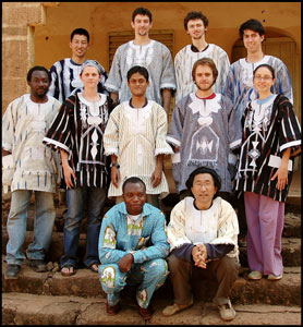 Front row: in-country contact M. L'Abbe Hien, and Professor Jungho Kim; Second row, L to R: Thierry Some (ME), Tammy Perrin (EE), Jaganath Sankaran (Masters in Engineering and Public Policy), Leonard Goff (Physics), Maria Stoica (EE); Third row, L to R: Jason Lee (MBA), Christen Hartnett (MBA), Jason West (Aerospace, EWB team leader), Bob Hayes (ME).