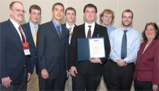 (L to R, front row) Tom Milnes, Baltimore Chapter President; David Gers, UMCP AIAA Student Chapter President; Jason Leggett (UMCP); Robert Roedt (PSU); Lisa Bacon, AIAA Student Conference Coordinator; (back row) PSU Team 