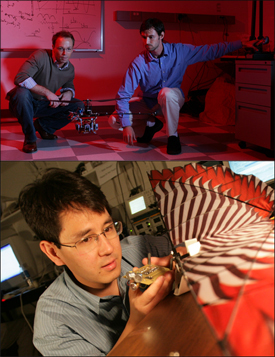 Above: Aerospace Engineering Assistant Professor Sean Humbert and his Ph.D. student Joe Conroy with a micro air vehicle. Below: Associate Professor Timothy Horiuchi holds a bat-inspired navigation sensor. Horiuchi has a joint appointment in Electrical and Computer Engineering and the Institute for Systems Research. 