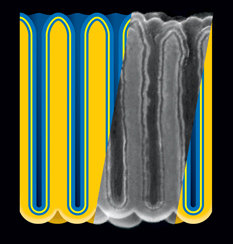 Electrostatic nanocapacitors formed in nanoporous anodic aluminum oxide (darker yellow) film by sequential atomic layer deposition of metal (blue), insulator (yellow), and metal. Insert: cross-section of actual structure, represented as rescaled scanning electron micrograph. (A. James Clark School of Engineering, U-Md.)