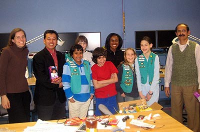 Girl Scouts team poses with ECE Professor Mel Gomez and ECE Laboratory Manager Shyam Mehotra