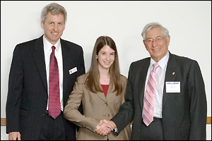 The announcement of the 2009 Fischell Fellow at the third annual Fischell Festival. Left to right: Professor and Chair William Bentley, Deborah Sweet (B.S. '06, chemical engineering), and Dr. Robert E. Fischell (M.S. '53, physics). (Photo by Luisa DiPietro.)