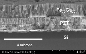 Cross sectional micrograph of the multiferroic device. It consists of a magnetic material called FeGa and a piezoelectric material called PZT.