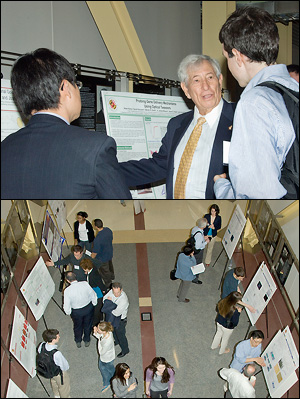 Above: Dr. Fischell talks to students about their research. Below: Poster session.