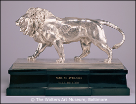 Antoine-Louis Barye, Walking Lion; Striding Lion (Racing Trophy), 1865, silver on marble plinth, 19 1/2 x 26 3/4 x 8 3/4 in., The Walters Art Museum, Baltimore. This sculpture, whose detailed surface makes it difficult to protect from tarnish, would be a prime candidate to receive a new, nanometers-thick coating being developed by materials scientists and conservators at the Walters Art Museum and the A. James Clark School of Engineering at the University of Maryland. Image courtesy of the Walters Art Museum.