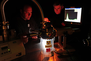 Tim Koeth (left) and Patrick O'Shea (right) in the University of Maryland Electron Ring Laboratory. Photo by Tim Koeth.