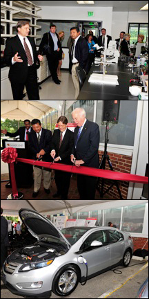 Top: UMERC director Eric Wachsman (far left) gives a tour of the new facilities. Middle: The ribbon-cutting. Left to right: Clark School dean Darryll Pines, director of ARPA-E Arun Majumdar, Wachsman, and UMD past president C.D. (Dan) Mote, Jr. Bottom: The plug-in hybrid electric Chevy Volt at one of the university's charging stations. Photos by Alan P. Santos.