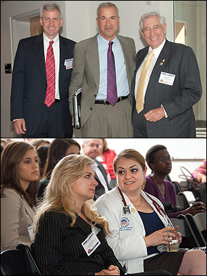Above, left to right: BioE Professor and Chair William E. Bentley, FDA Chief Scientist Jesse L. Goodman, and Dr. Robert E. Fischell. Below: Two of our alumnae and Festival panelists, Theresa Smith (left, B.S. '01) and D.T. Howarth (right, B.S. '09) at Goodman's keynote address. Photos by Luisa di Pietro, Essential Eye Photographics, LLC.