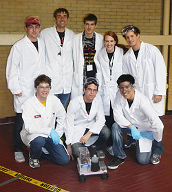 Team Thirsty Turtles at the mid-Atlantic Chem-E Car competition with their vehicle, The Pride of Maryland. Back row: Trae Vanaskey, Weston Breda, Lucas Hedinger, Amy Nutis, and Nick Lepak. Front row: Kevin Bates, Issac Zaydens, and Wesley Yan. Not pictured: Whitney Hollinshead, Dao Huang, and Leslie Mok.