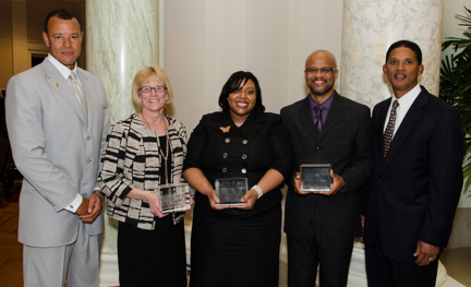 Pictured from left to right are: Carl Mack, National Society of Black Engineers; Kathy Zerda, University of Houston; Tamara Hamilton, Clark School Center for Minorities in Science in Engineering; Theodore Caldwell, Michigan State University; and Kenny Warren, ExxonMobil; at an awards ceremony April 18.