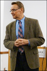 Professor Mikhail Anisimov addresses guests at the International Symposium on Mesoscale and Fluctuation Dynamics, held in his honor in April 2012. Photo courtesy of Vincent Holten.