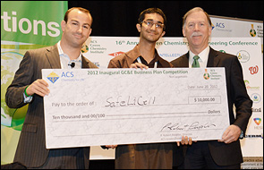 BioE rising junior Mian Khalid (center) at the Green Chemistry Institute  Business Plan Competition's awards ceremony.