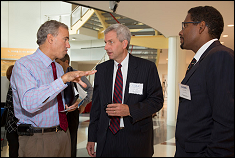 UM CERSI Co-Director Dr. William Bentley (middle) and Clark School Dean Dr. Darryll Pines (right) speak with FDA Chief Scientist Dr. Jesse Goodman (left).