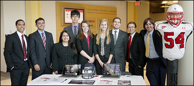 Bioengineering team members (left to right) Azam Ansari, Karan Raje, Afareen Rezvani, David Kuo, Dana Hartman, Julie Loiland, Laith Abu-Taleb, Adam Zviman, and Ryan Haughey, with their test dummy.