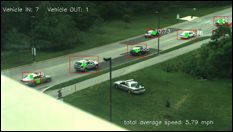 This photo illustrates operation of the project's automated multiple vehicle simultaneous speed measurement and display system. Each vehicle is identified as a moving object and its speed is displayed. The system counts the number of vehicles entering and leaving campus along Azalea Lane over a predetermined period of time.