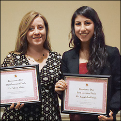 BioE/IBBR associate professor Silvia Muro (left) and BioE graduate student Rasa Ghaffarian (right) won the 2012 Professor Venture Fair for their presentation of a delivery system capable of delivering drugs or other therapeutics from the gastrointestinal (GI) tract to the circulation.
