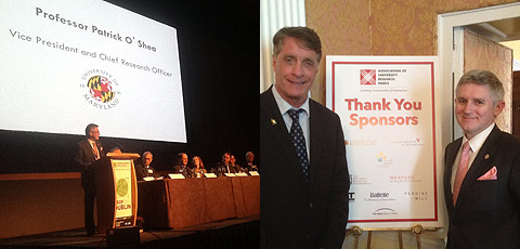 Dr. Patrick O'Shea gives a talk at ESOF 2012 (left); Brian Darmody and Patrick O'Shea pose at Association of University Research Parks international meeting in Dublin (right).