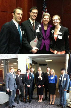 Top: UMD Chapter Members Greg Hitz, Alex Kozen, and Ashley Lidie Meet with Sen. Elizabeth Warren (MA) to discuss stability of science R&D funding.Bottom: Group shot before meeting with Sen. Benjamin Cardin (MD)