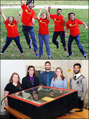 TOP: The Clark School solar still team jumps for joy when they learn they've won two of the contest's awards. Left to right: Merily Horwat, Sahson Raissi, April Tressler, Krishna Trehan, and Ryan Smith. BOTTOM: The team with their solar distillation unit. Photos by Alan P. Santos.