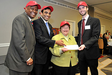 From left to right:  Prince George’s County Executive Rushern Baker, President of the Maryland Space Business Roundtable and VPA of Science Systems and Applications Anoop Mehta, Sen. Barbara Mikulski and Gamera team member Ben Berry.
