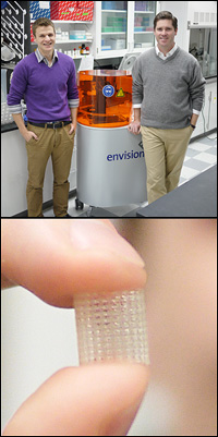 Top: BioE graduate student and Fischell Fellow Anthony Melchiorri (left) and Professor John Fisher (right) with their 3D printer. Bottom: A prototype, biodegradable vascular implant printed with Fisher and Melchiorri's novel polymer.