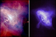 Left: The image of the Crab Nebula and Pulsar, in the optical (red) and X-ray (blue) portions of the spectrum superimposed. Right: The Crab Pulsar shown in only the X-ray portion of the spectrum. (NASA/CXC/ASU/J. Hester et al.)18