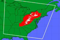 A CMAQ model showing the location of shale (red) and wells (white).