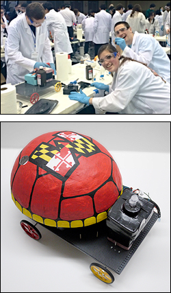 Above: Thirsty Turtles team members preparing Testudo Mobile, their Chem-E Car, for competition. Below: Testudo Mobile.