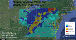 Active natural gas wells per county, 2005-2012. Credit: Alexa Chittams, University of Maryland. A larger version of this image is available at: ter.ps/activewells