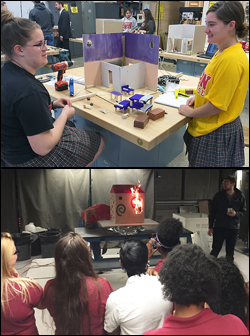 Above: ESHS students building their model home. Below: One of the model homes is subjected to a burn test in FPE's Rolf Jensen and Associates Fire Science Laboratory.