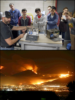 Above: Dan Jimenez from the U.S. Forest Service joined Professor Gollner's Wildland Fires class to demonstrate wildfire deployment packages, sensor-loaded cases used to collect information in real wildfires. Below: A fire aproaches the wildland-urban interface in San Diego, Ca.