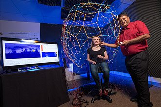 Prof. Ramani Duraiswami (right) with Elena Zotkin, an associate research scientist, in the University of Maryland Institute for Advanced Computer Studies. Photo by John T. Consoli.