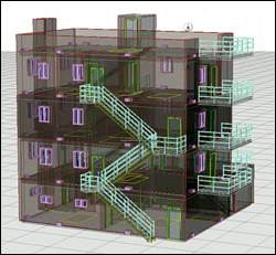 A rendering of a building at the Maryland Fire and Rescue Institute (MFRI) that was used for full-scale tests of the Cyber Physical System. Thanks to a combination of specialized software and sensors, researchers were able to observe fire, smoke and ventillation activity in the computer model, and at a safe distance, as a real fire moved through the structure.