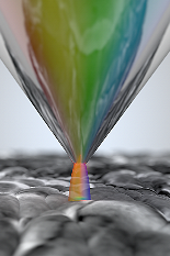 A novel imaging platform to determine the open-circuit voltage of solar cells with nanoscale spatial resolution is developed by assistant professor Marina Leite's research group at the University of Maryland. The illustration shows a scanning probe microscopy tip used to illuminate a very small region of the photovoltaic device, allowing scientists to now map local variations on this key parameter that determines how well any optoelectronic device operates. 