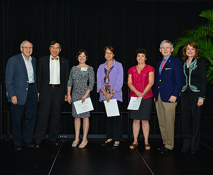 From left to right: Prof. Ben Shneiderman, President Wallace Loh, Prof. Rebecca Ratner, Prof. Nancy Gallagher, Prof. Karen Lips, VP for Research Patrick O'Shea, and Provost Mary Ann Rankin. Not pictured: Prof. Jennifer Golbeck