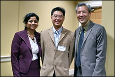 Best Pitch Winner Shuwei Li (center) with Office of Technology Commercialization Executive Director Gayatri Varma and UMD Associate Vice President for Innovation & Entrepreneurship Dean Chang.