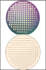 A combinatorial wafer (top) and a mapping diagram (bottom) representing different magnetic properties of materials