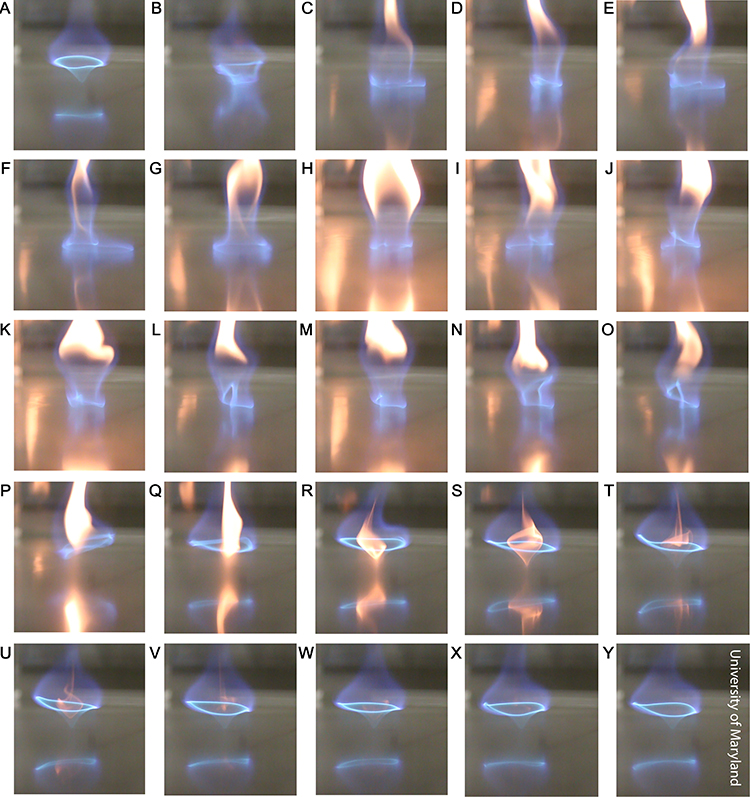 Successive frames showing transition between a laminar blue whirl and a yellow whirl taken from a high-speed video. Photo: University of Maryland